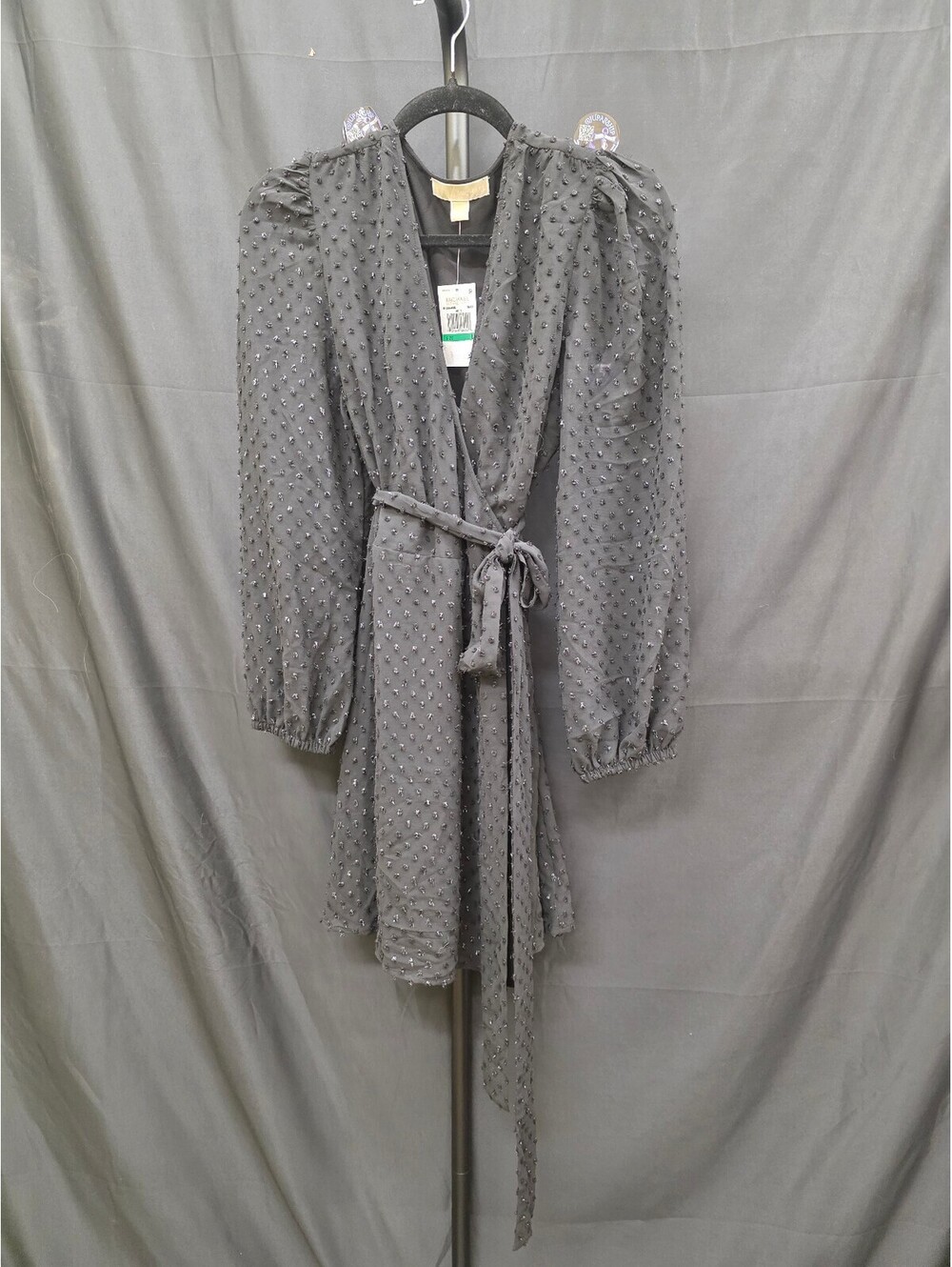 MICHAEL KORS TONAL SWISS‑DOT WRAP DRESS BLACK SIZE L